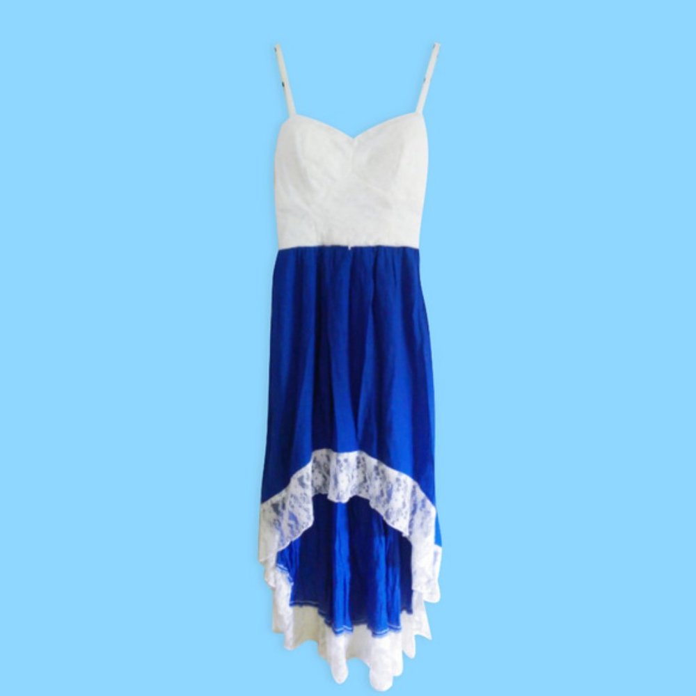 Cottagecore Blue White Hi Low Lace Trim Dress